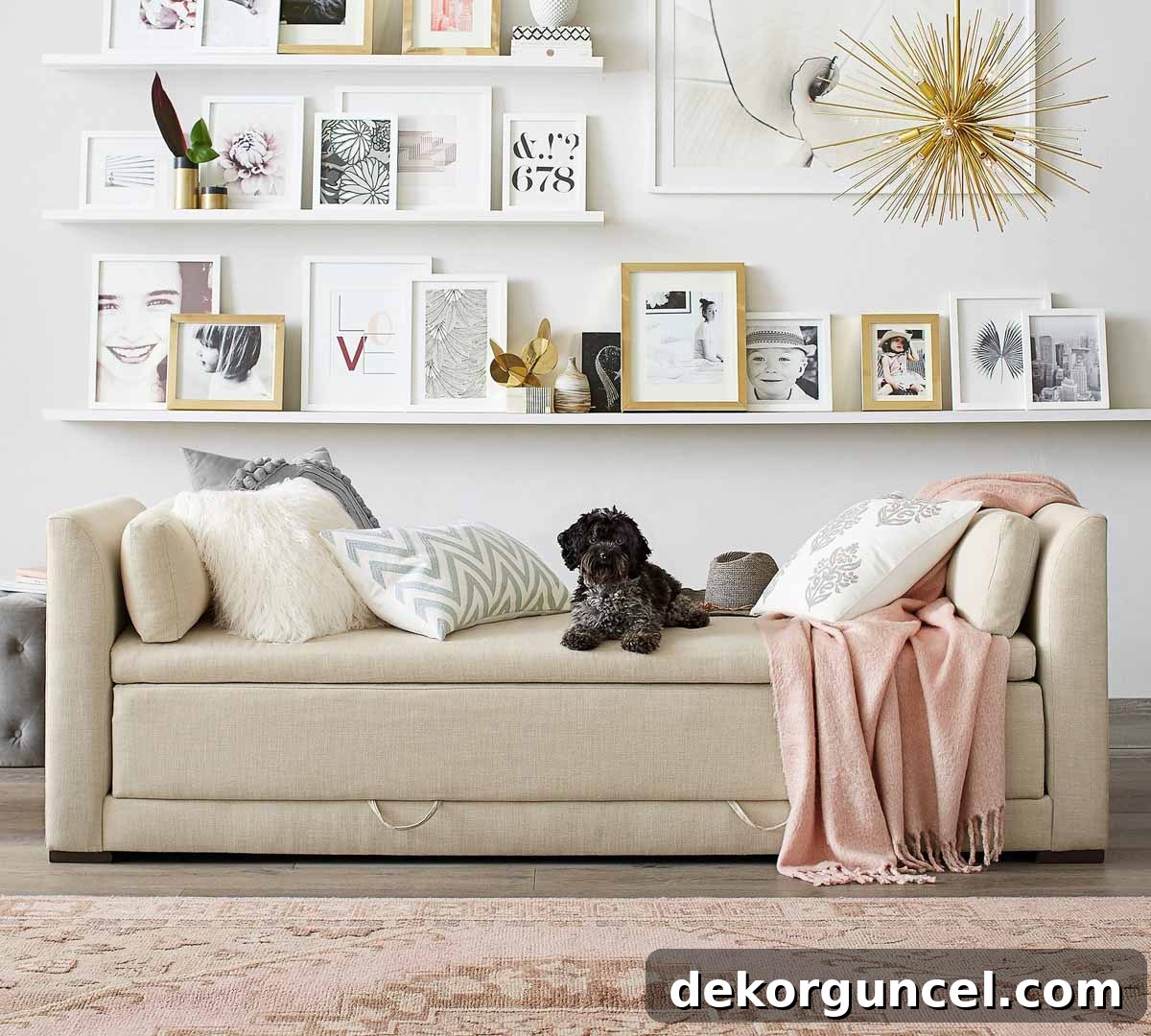 Stylish upholstered daybed featuring a practical pull-out trundle, ideal for maximizing sleeping space in compact rooms.