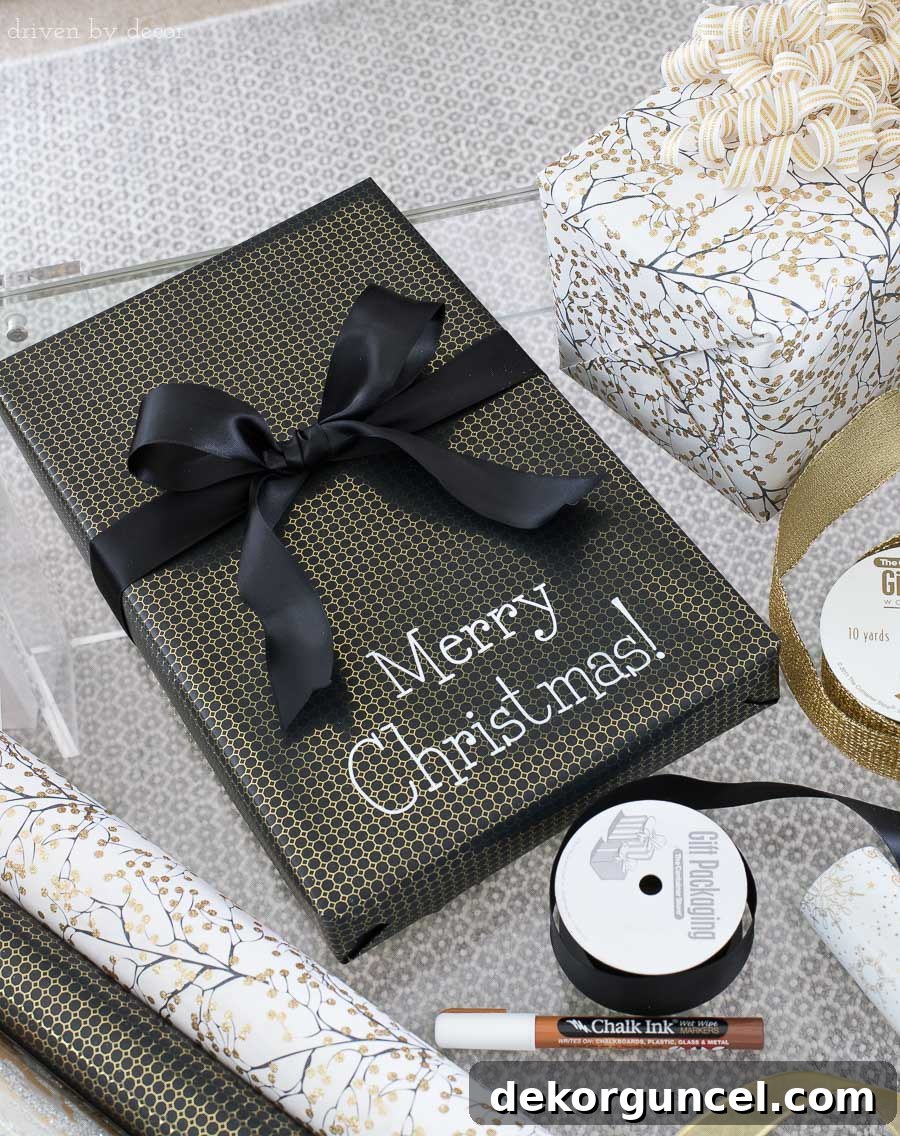 Elevate Christmas gifts by writing personalized messages or names with a white chalk marker pen on dark wrapping paper.