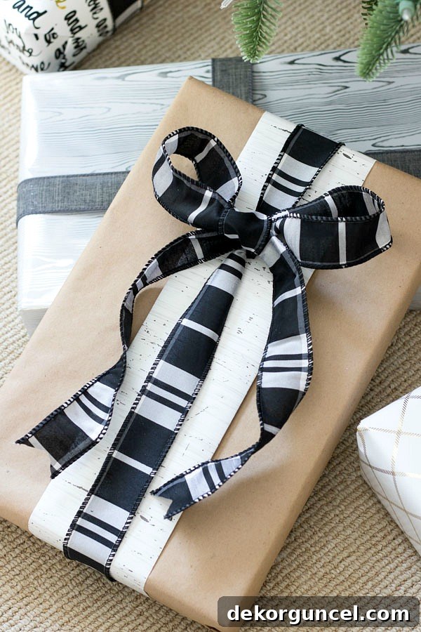 Creative Christmas gift wrapping idea: use leftover patterned wrapping paper scraps over kraft paper, secured with ribbon.