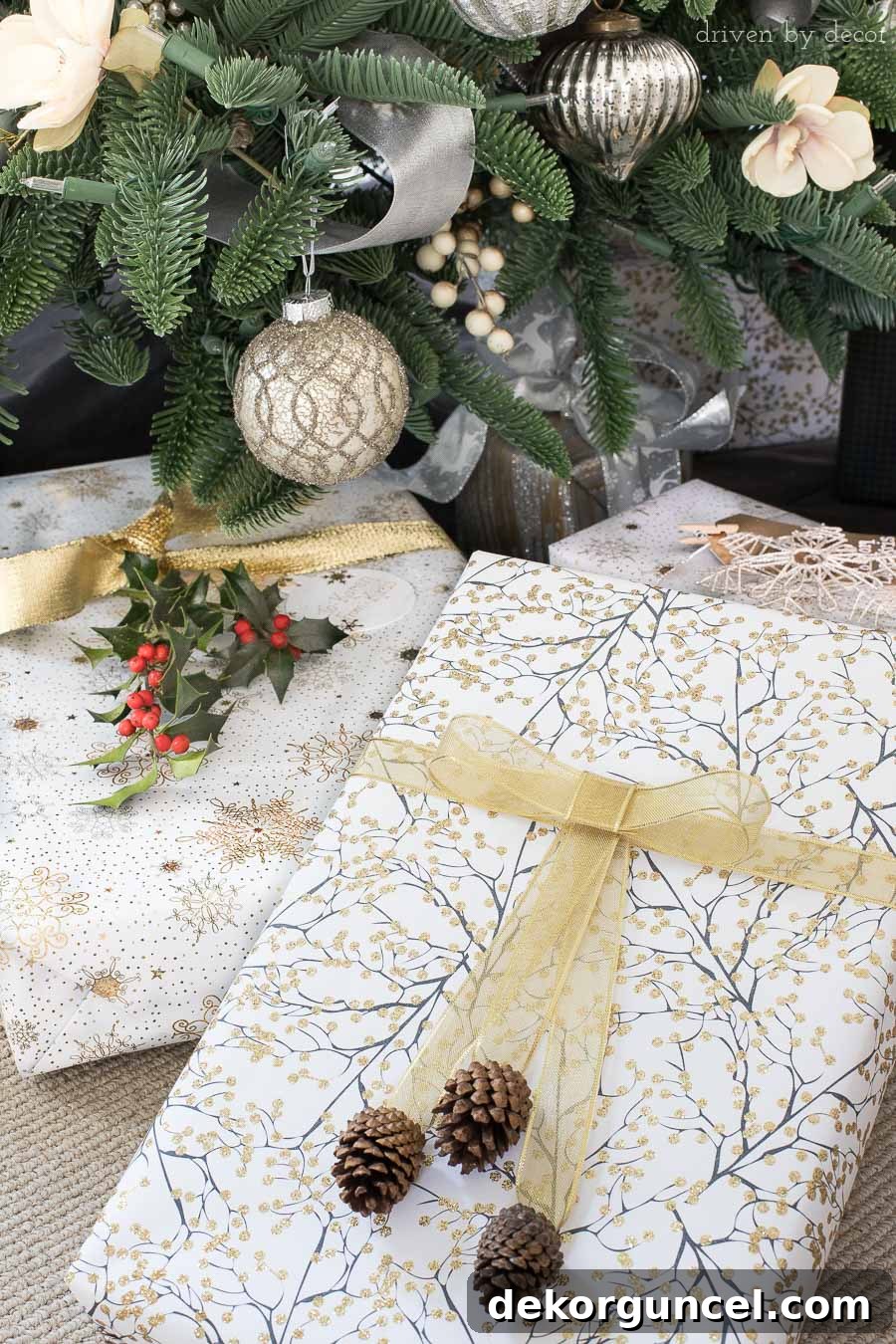 Adorn Christmas presents with natural elements like pinecones and fresh greenery from your yard for a rustic and charming touch.
