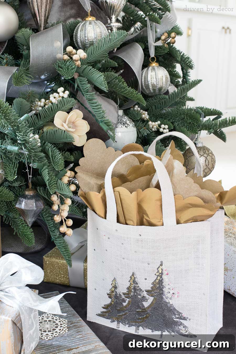 Upgrade gift bags with decorative scalloped-edge tissue paper for a more elegant and festive Christmas presentation.
