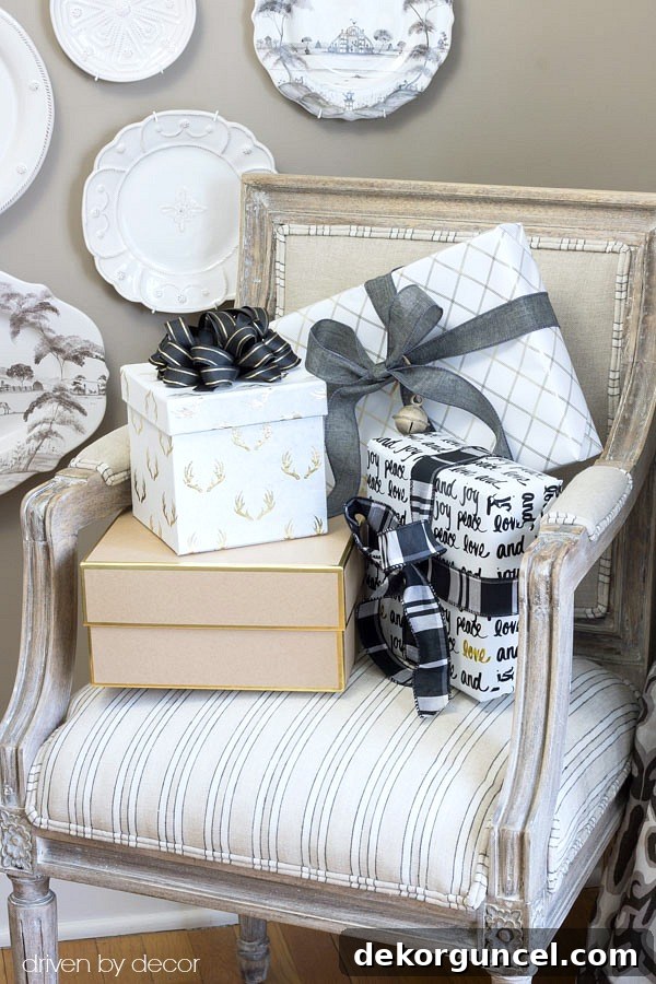 Display beautifully wrapped Christmas presents as festive decor on shelves, under the tree, or in accent chairs.