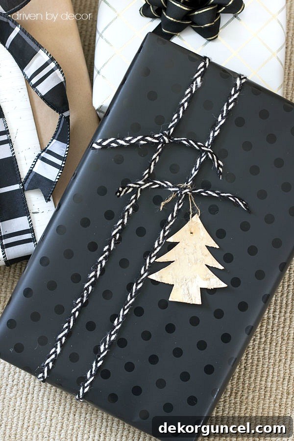 Simple yet effective: use thin ribbon or braided twine tied lengthwise across a Christmas package for a stylish presentation.