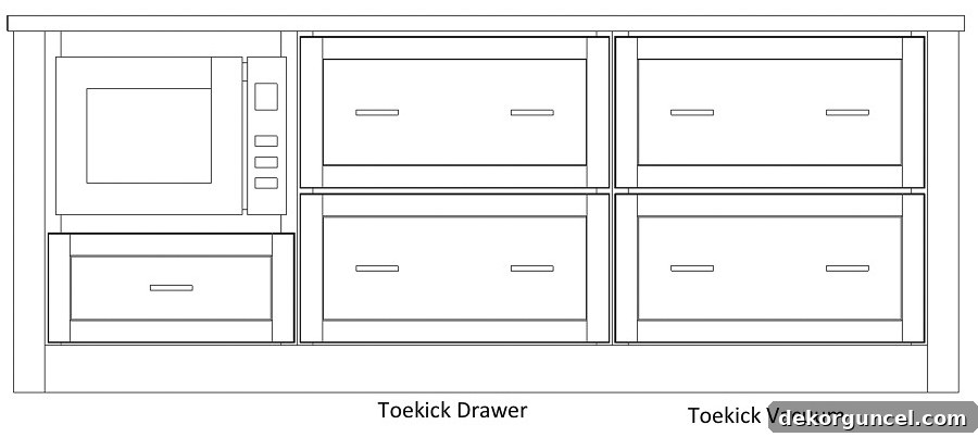 Kitchen Cabinet Design Ideas 14 Layout of kitchen island with microwave drawers, deep storage drawers, and toekick storage and vacuum