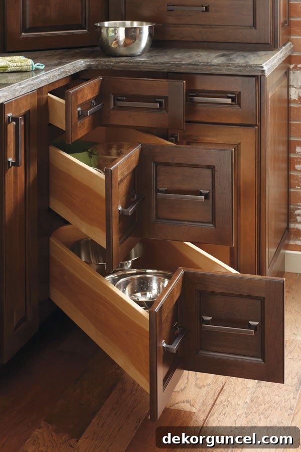 Corner kitchen drawers - so super smart for making corner space in a kitchen easy to access!