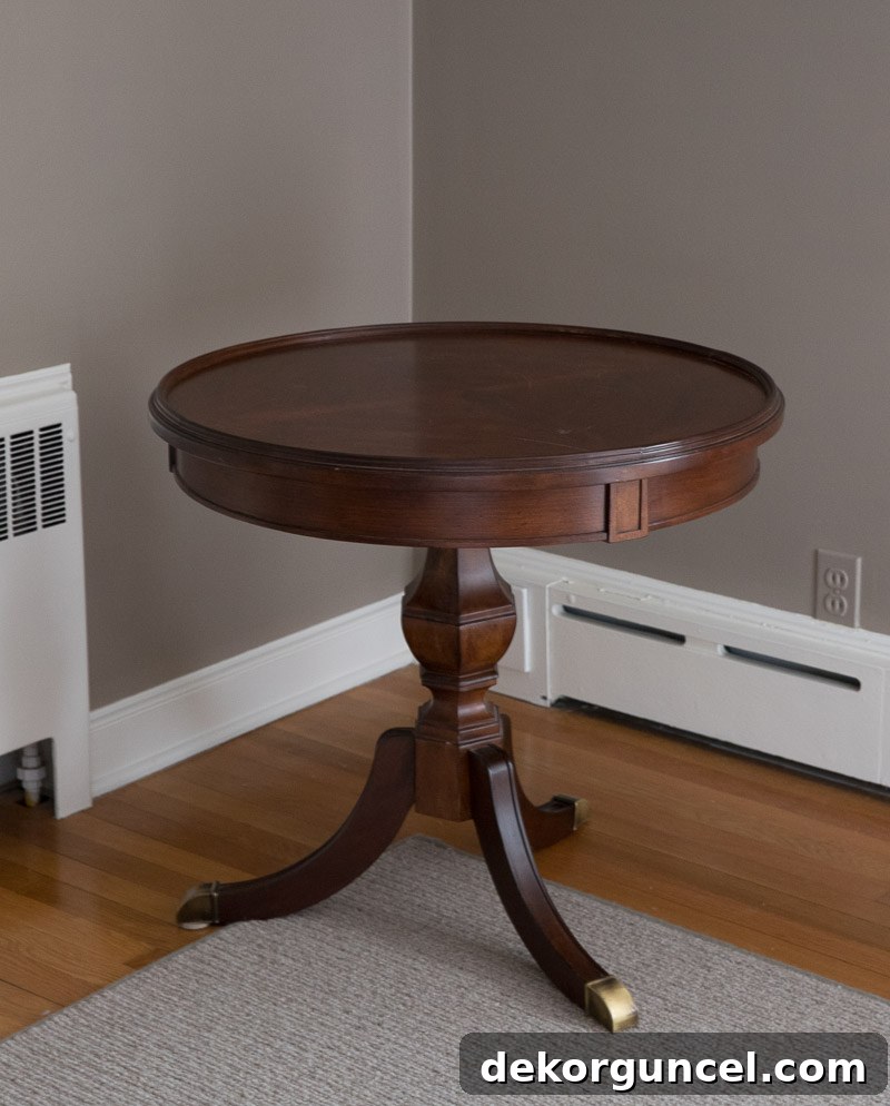 How to Refinish an End Table From Beat Up to Beautiful 2 Dated mahogany end table before its furniture refinishing transformation