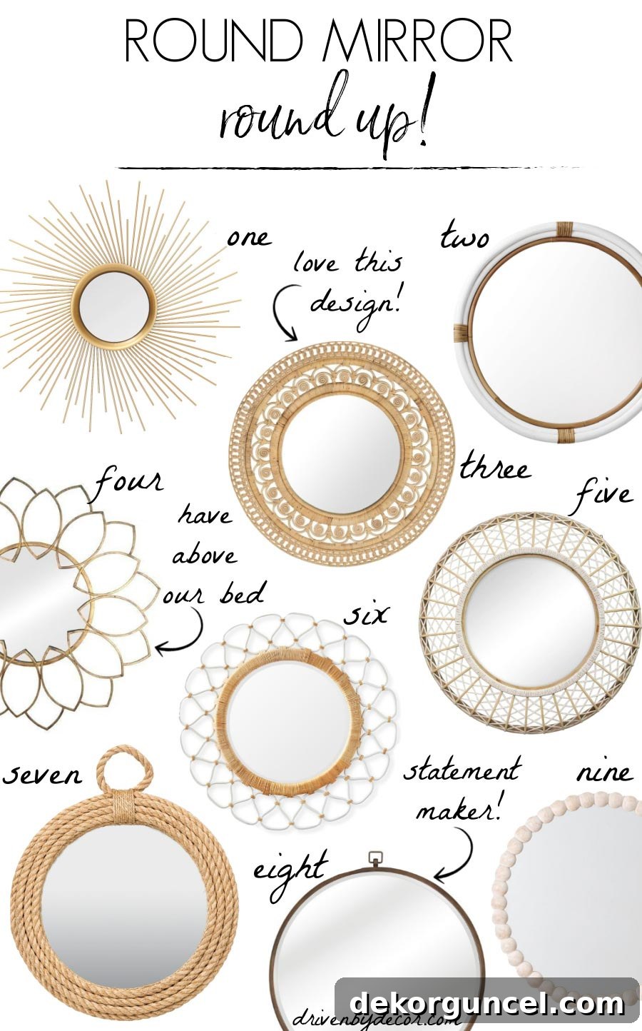 LOVE all of these round mirrors - wood mirrors, brass, rattan, and more!