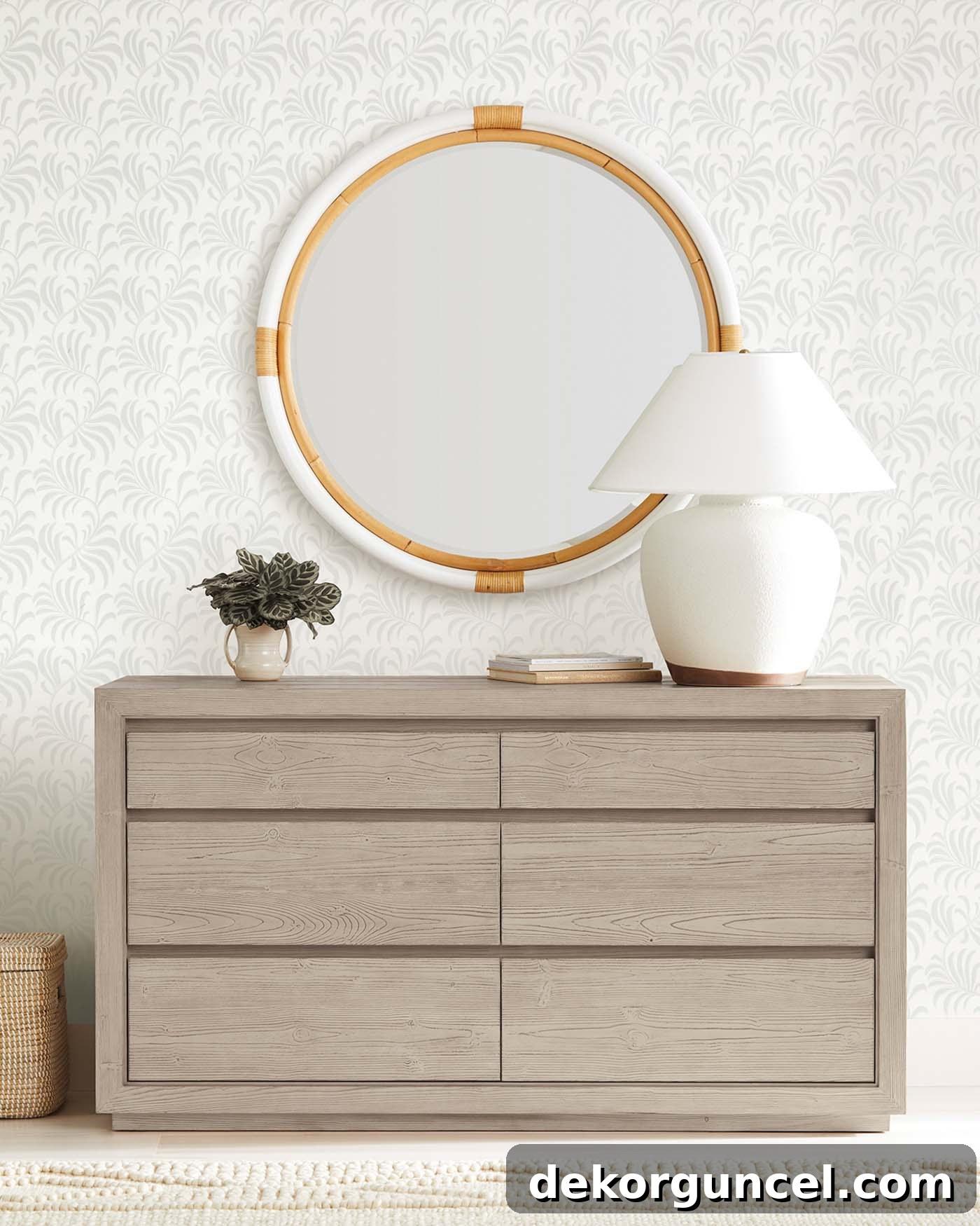 Love the look of the round rattan mirror over the dresser!