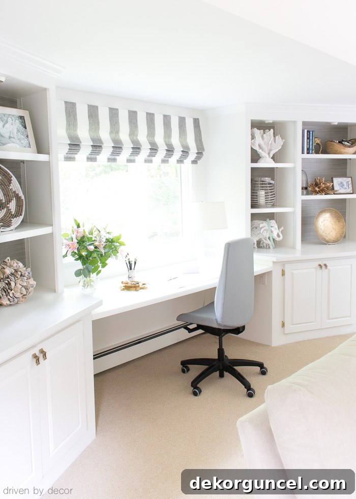 The Men Behind the Blogs Their Unfiltered Stories 7 Home office desk between bookcases in family room, a bright and functional workspace.