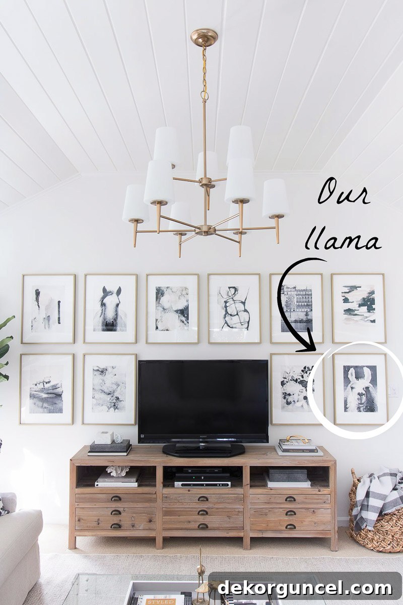 Our art wall surrounding our family room TV! Featuring a distinctive llama art piece.