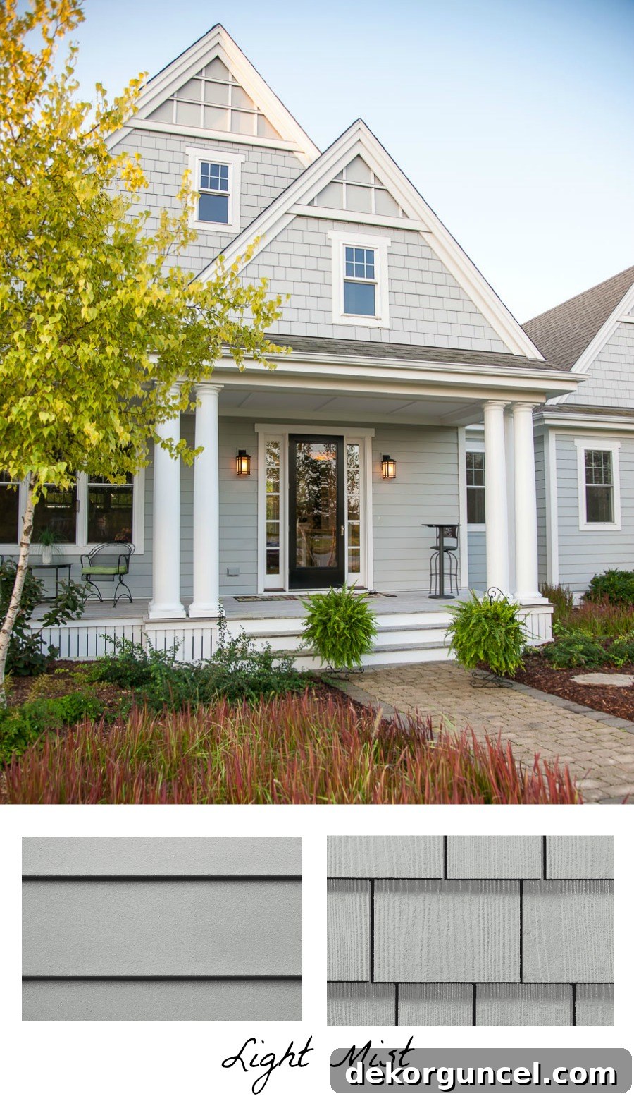 Outdoor Home Design and Color Ideas 2 Elevate your home's curb appeal by combining one exterior color with two distinct James Hardie siding profiles, like the elegant Light Mist HardiePlank and HardieShingle Siding, for rich texture and visual interest.