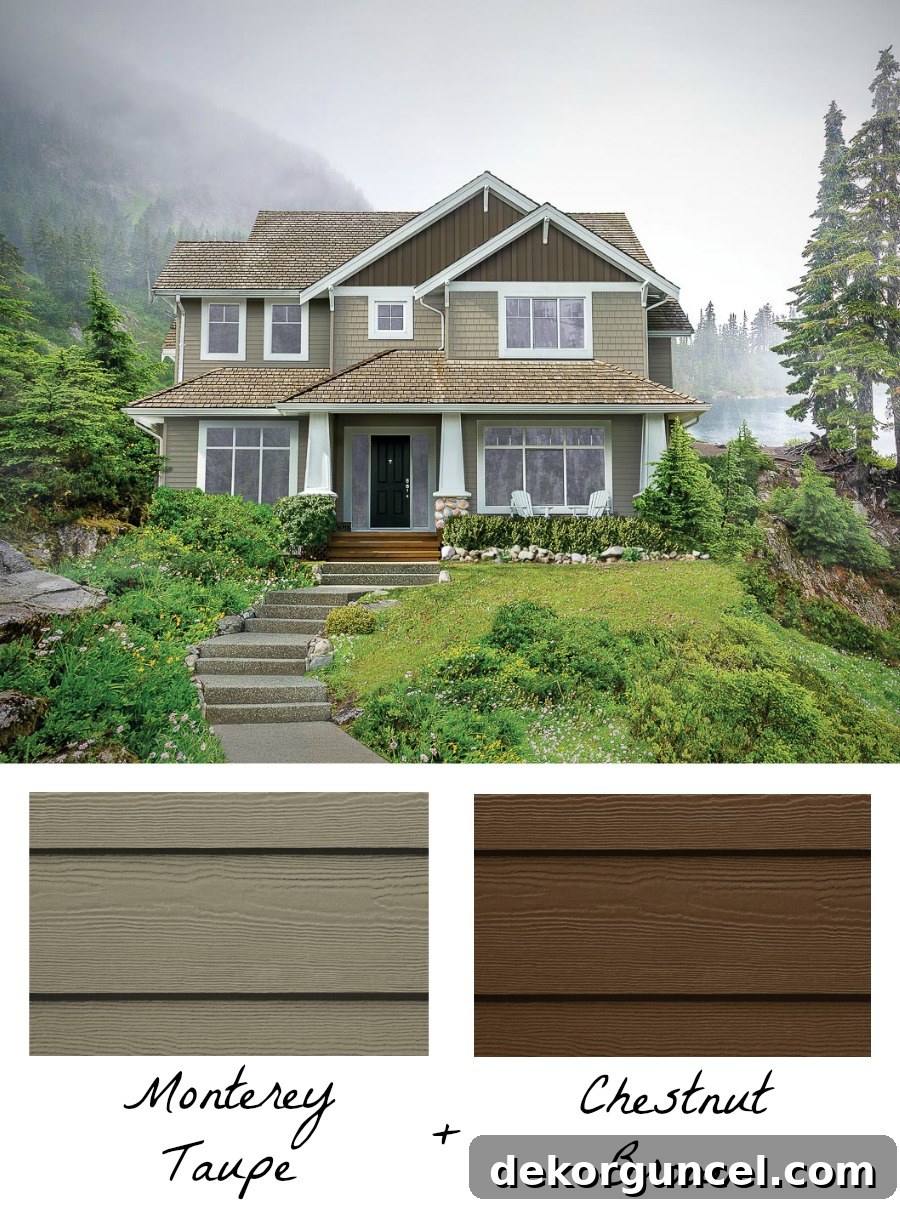Outdoor Home Design and Color Ideas 3 Experience the beauty of a harmonious exterior with two complementary shades of James Hardie siding, such as Monterey Taupe HardiePlank & HardieShingle paired with Chestnut Brown HardiePanel & HardieTrim, creating a rich and inviting home facade.