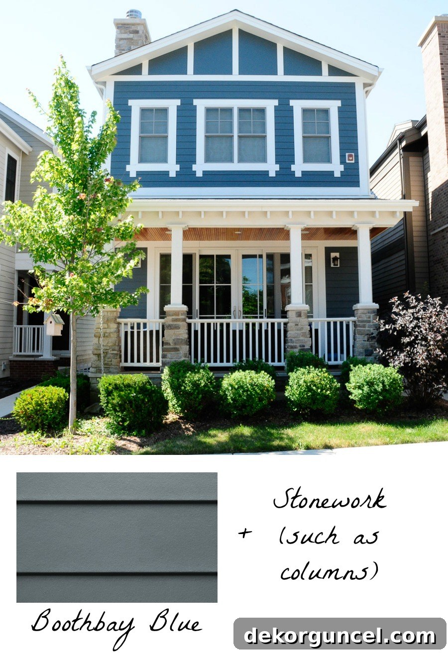 Outdoor Home Design and Color Ideas 4 Discover the refreshing beauty of Boothbay Blue HardiePlank siding for your home's exterior, perfectly complemented by crisp white trim and elegant stone columns, creating a captivating and enduring aesthetic.