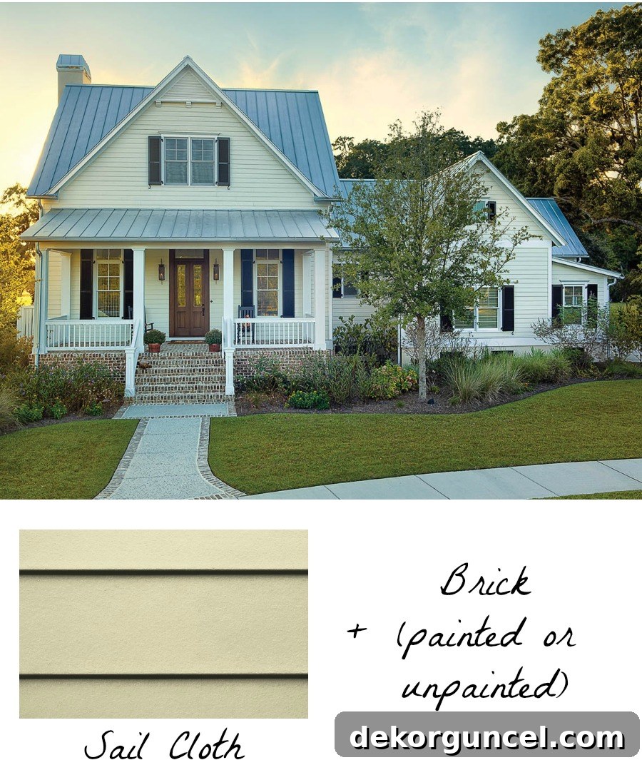 Outdoor Home Design and Color Ideas 5 Enhance your home's curb appeal by combining the classic elegance of red brick with the clean lines of James Hardie's Sail Cloth HardiePlank siding, creating a truly gorgeous and inviting exterior.