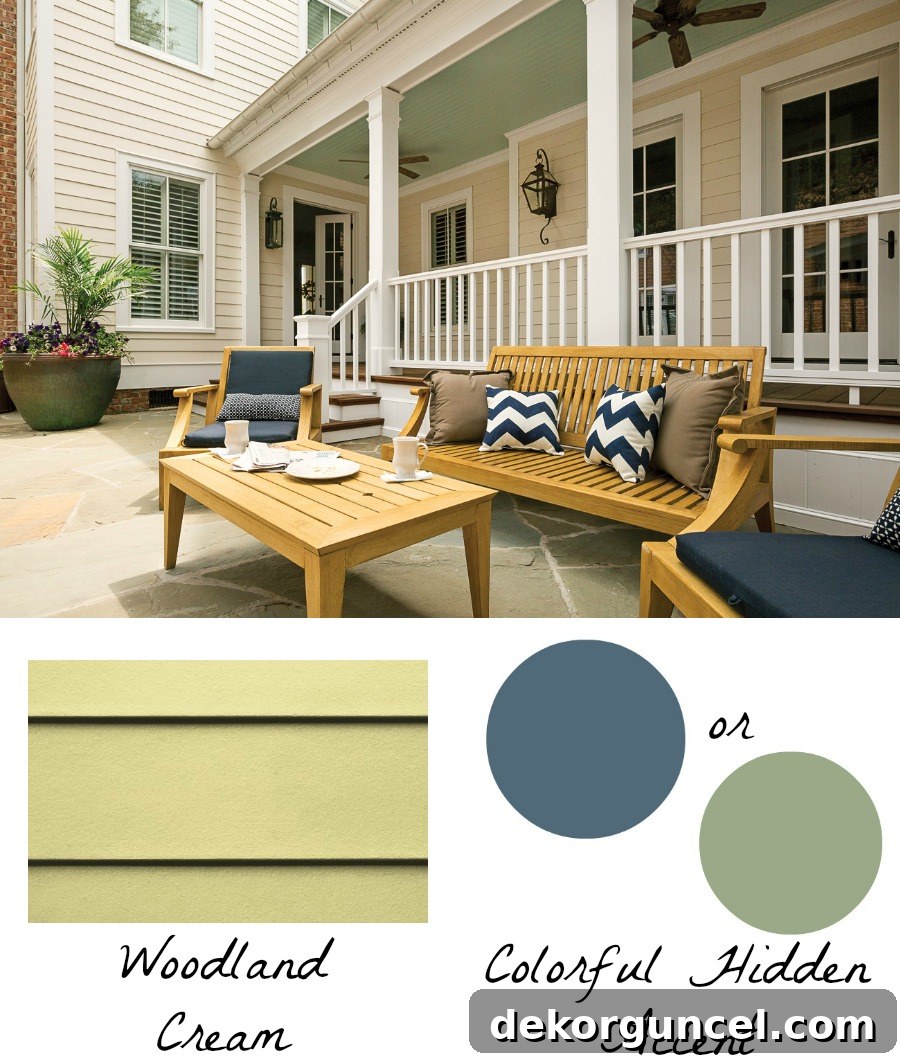 Outdoor Home Design and Color Ideas 7 Add unexpected charm to your home's exterior with a pop of color in a creative spot, complementing the versatile Woodland Cream HardiePlank siding for a truly unique and inviting aesthetic.