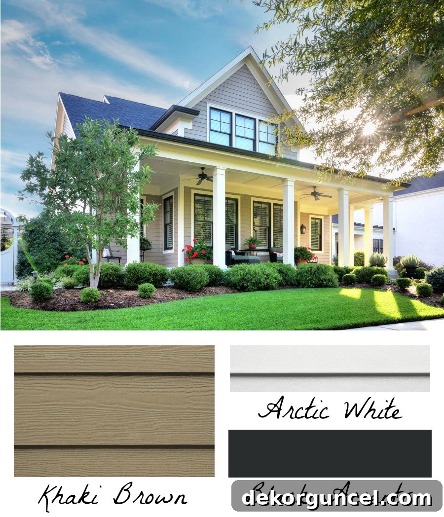 Outdoor Home Design and Color Ideas 8 Achieve a striking exterior home design by combining black and Arctic White trim with James Hardie's Khaki Brown HardiePlank siding, creating a sophisticated and memorable aesthetic that captures modern elegance.