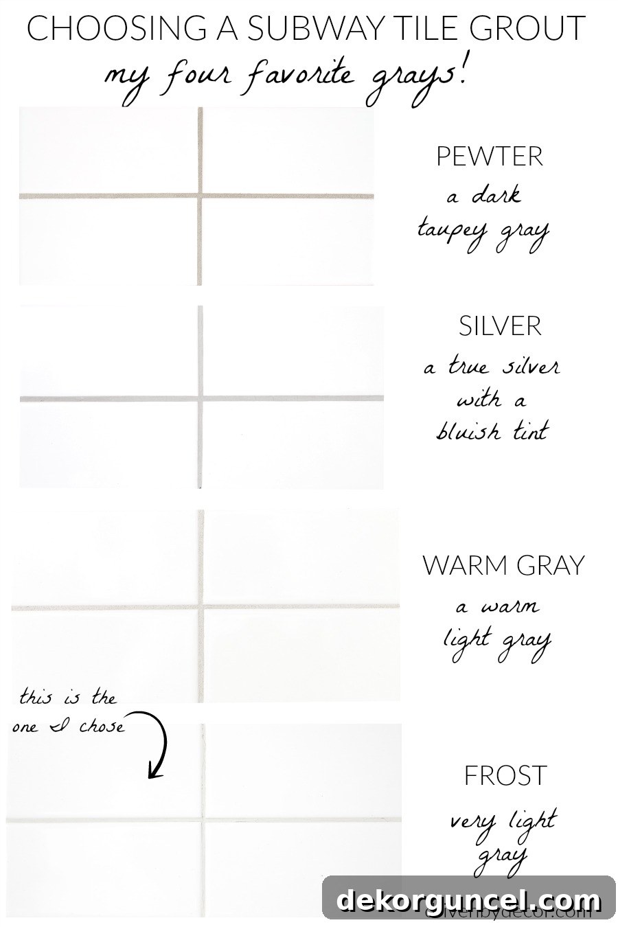 White Subway Tile and Gray Grout My Favorite Shades 9 A visual comparison of various gray grout shades (light to dark) with white subway tile, highlighting popular choices for different aesthetics.