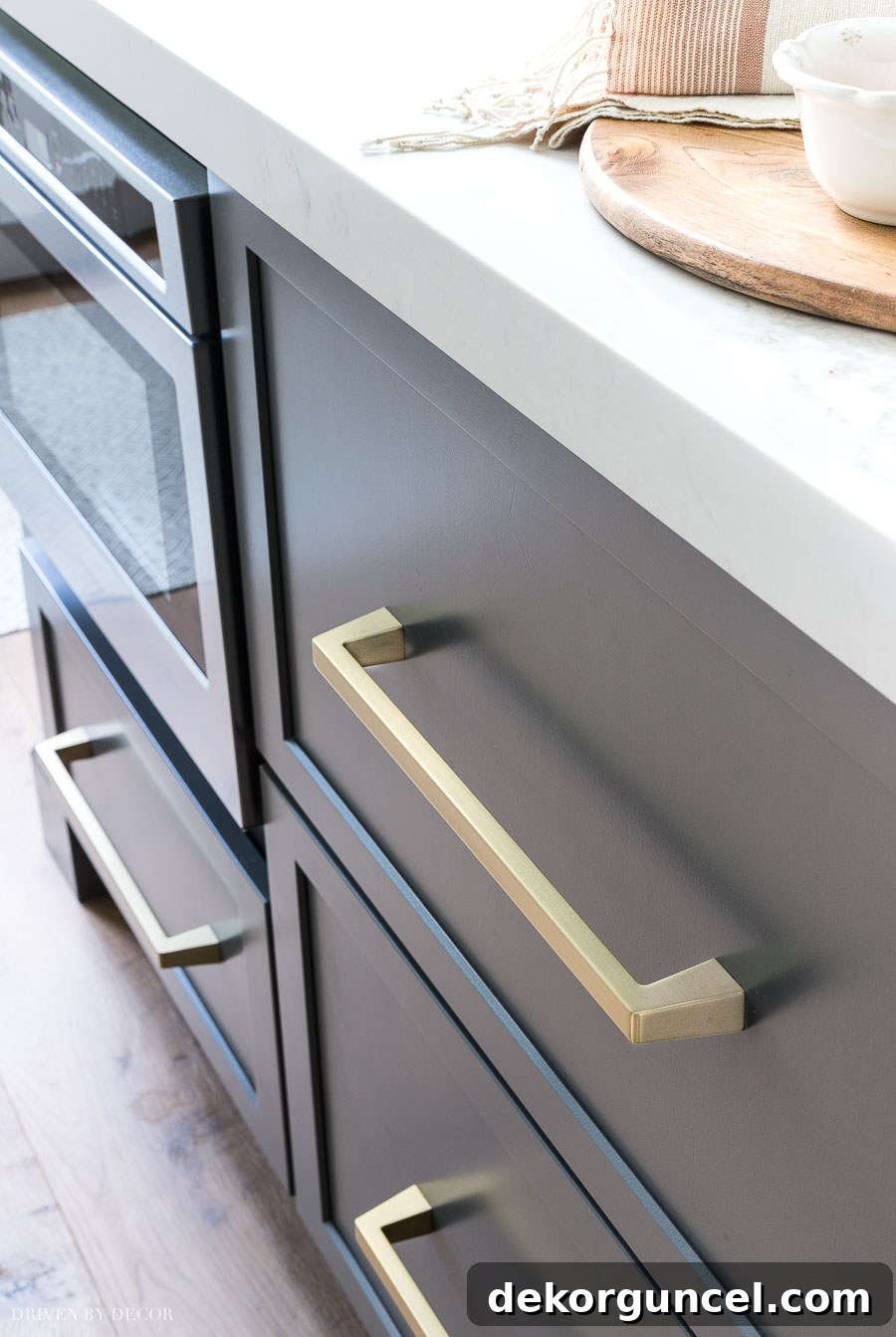 Our Kitchen Remodel: From Drab to Dreamy 30 Beautiful soft brass pulls that look amazing on the gray cabinets (and on the white ones in this kitchen too!)