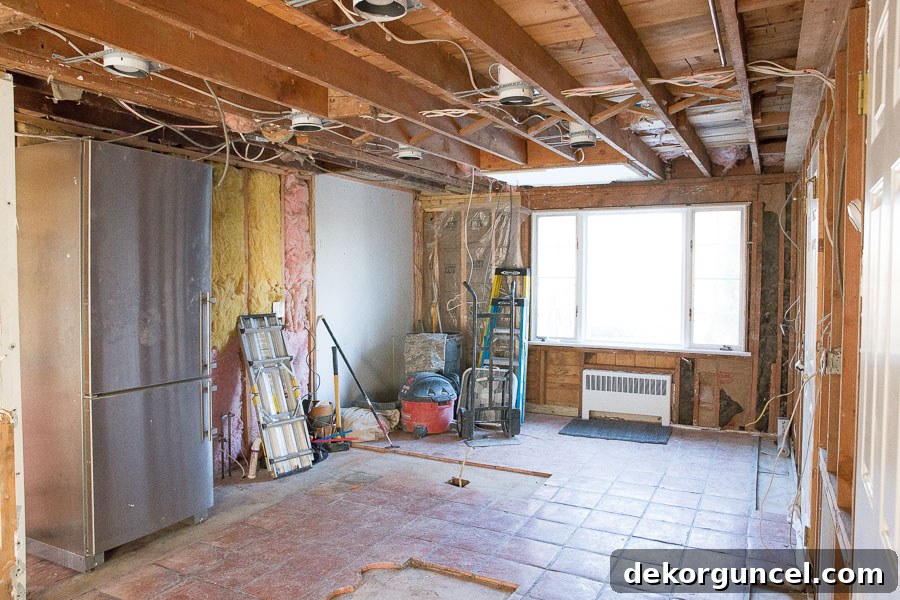 Our Kitchen Remodel: From Drab to Dreamy 4 An in-progress shot of our kitchen renovation, showcasing the extensive gut job and demolition phase.