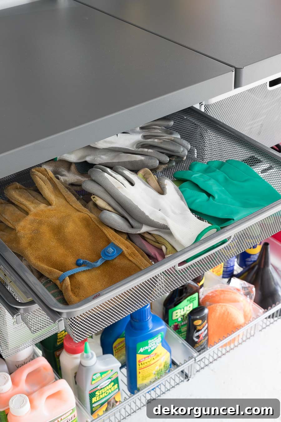 Integrated mesh drawers as part of an Elfa garage organization system—absolutely love this feature!