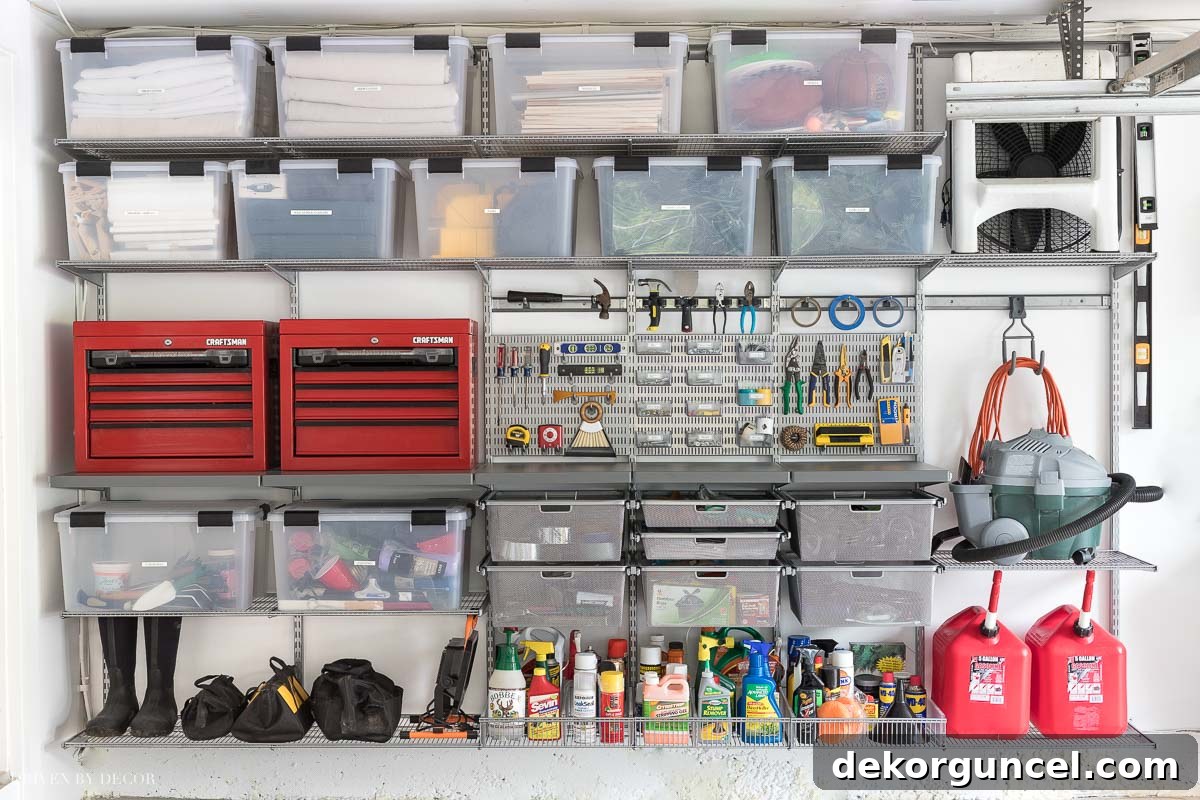 Our comprehensive garage organization project, showcasing how we eliminated clutter and organized our entire garage using the versatile Elfa system.