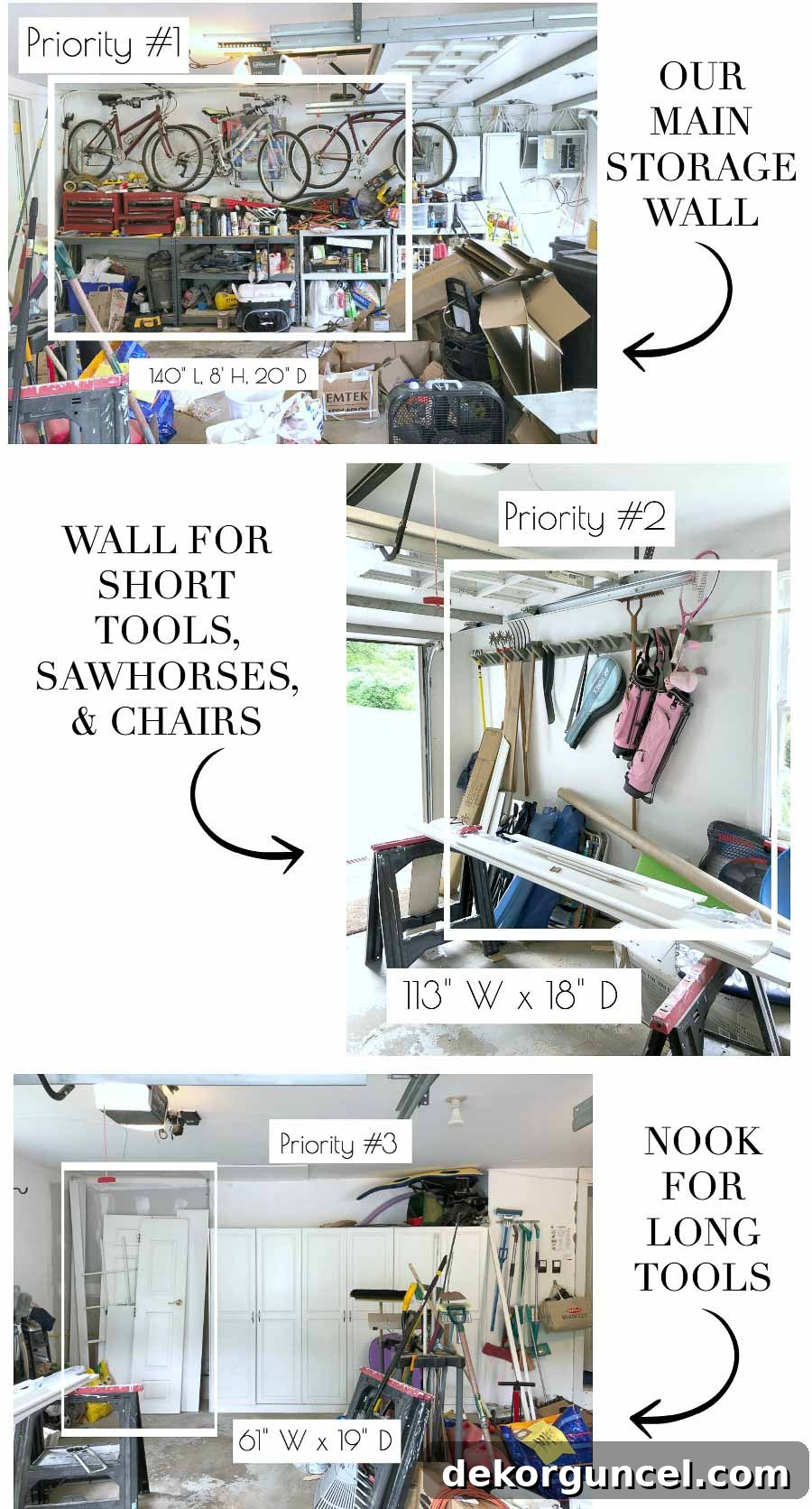 Initial steps in organizing our garage: accurately measuring wall spaces to prepare for the installation of new Elfa storage systems.