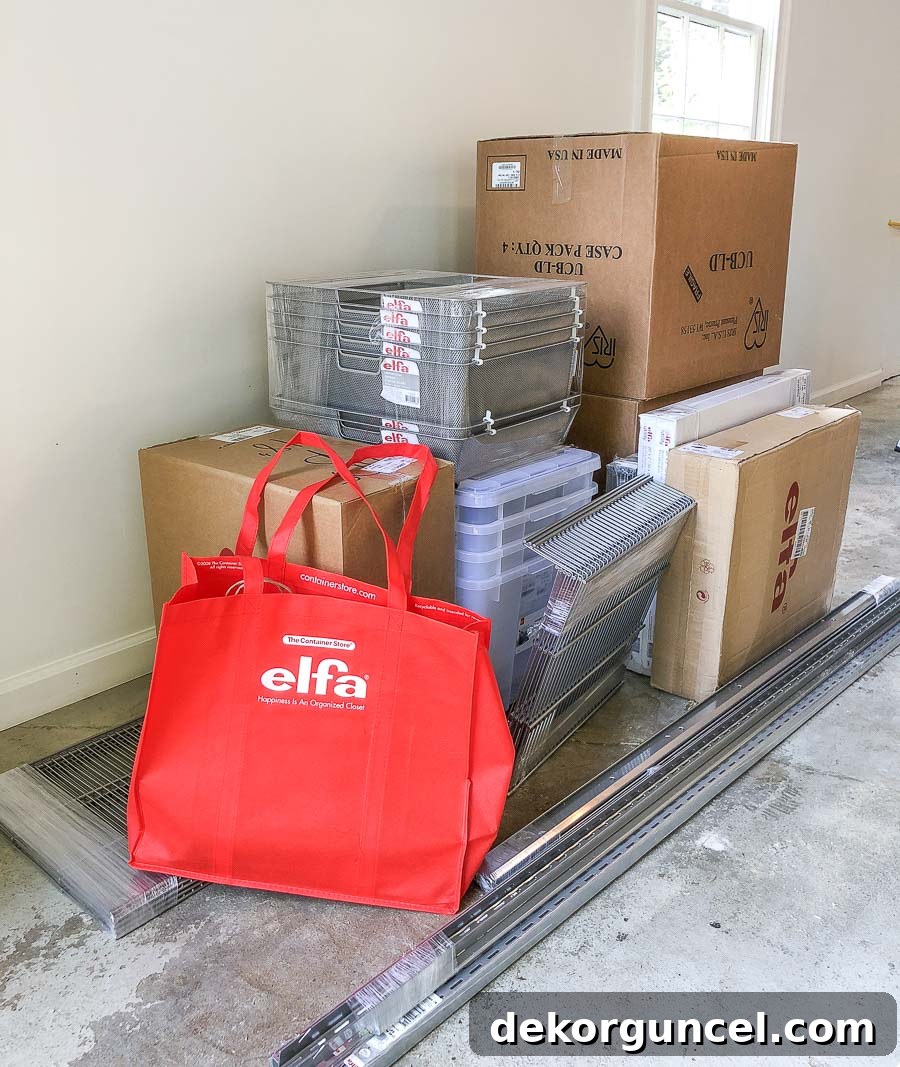 The delivery of components for our new Elfa garage organization system, ready for installation.
