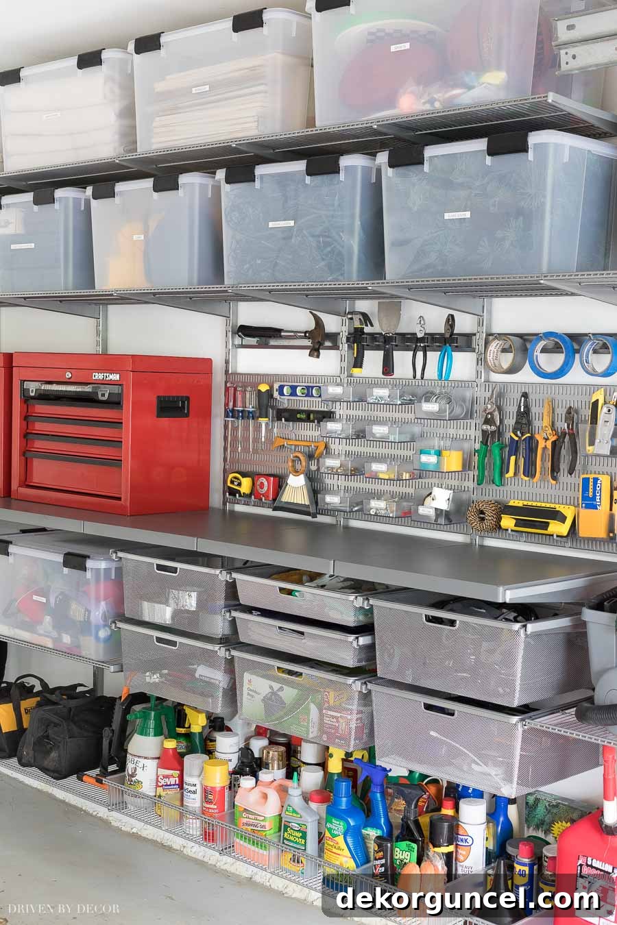 Appreciating the smooth, heavy-duty Elfa utility work surface seamlessly integrated into this organized garage storage system.