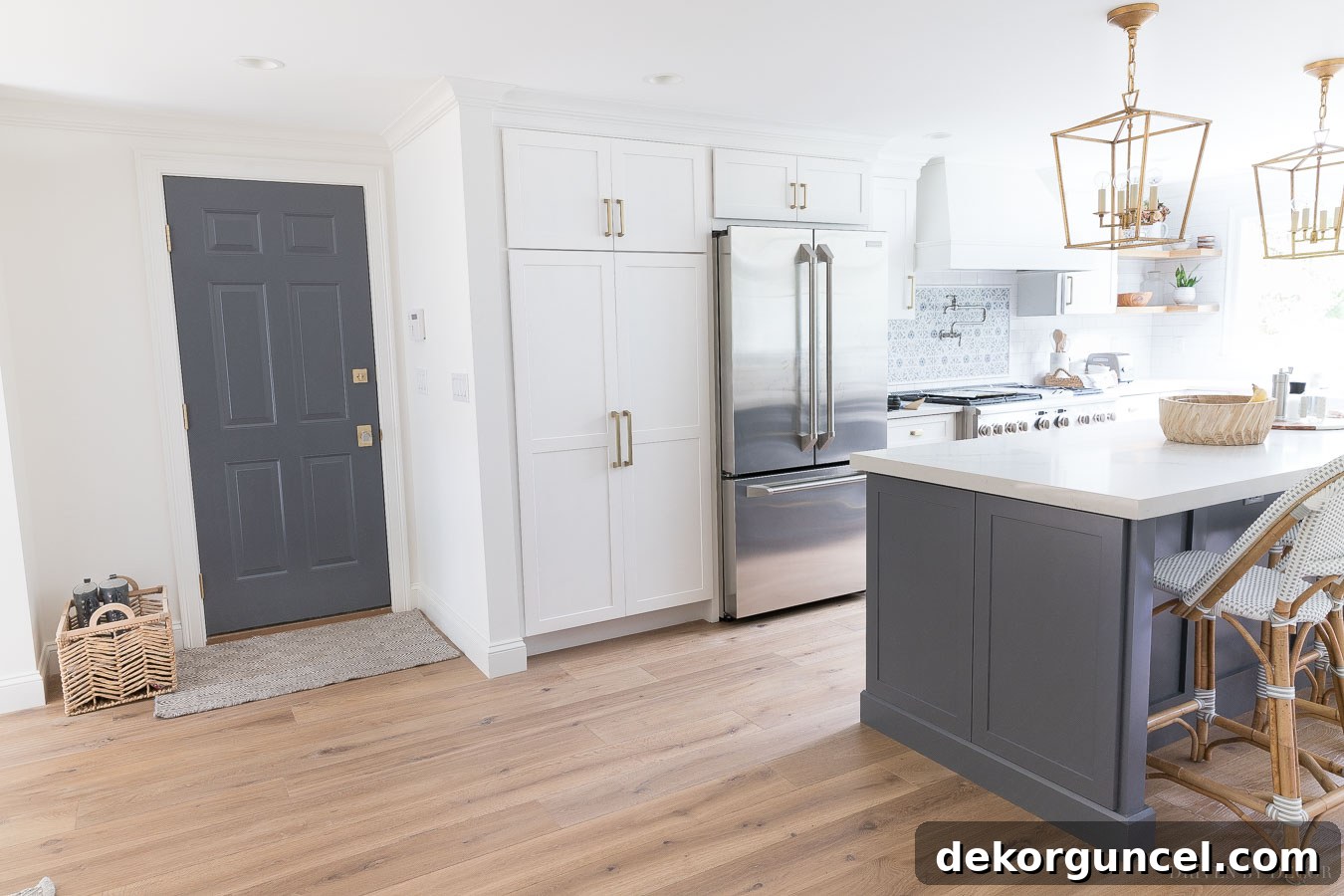 We painted the garage door a complementary gray color to match our kitchen island, demonstrating a clever design idea for creating a cohesive and stylish space.
