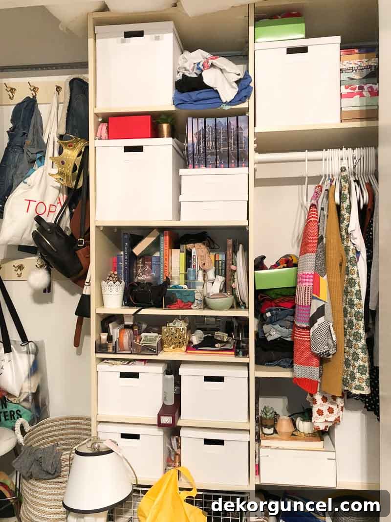 Before shot of a dated beige closet organization system, highlighting the need for a modern and fresh makeover.