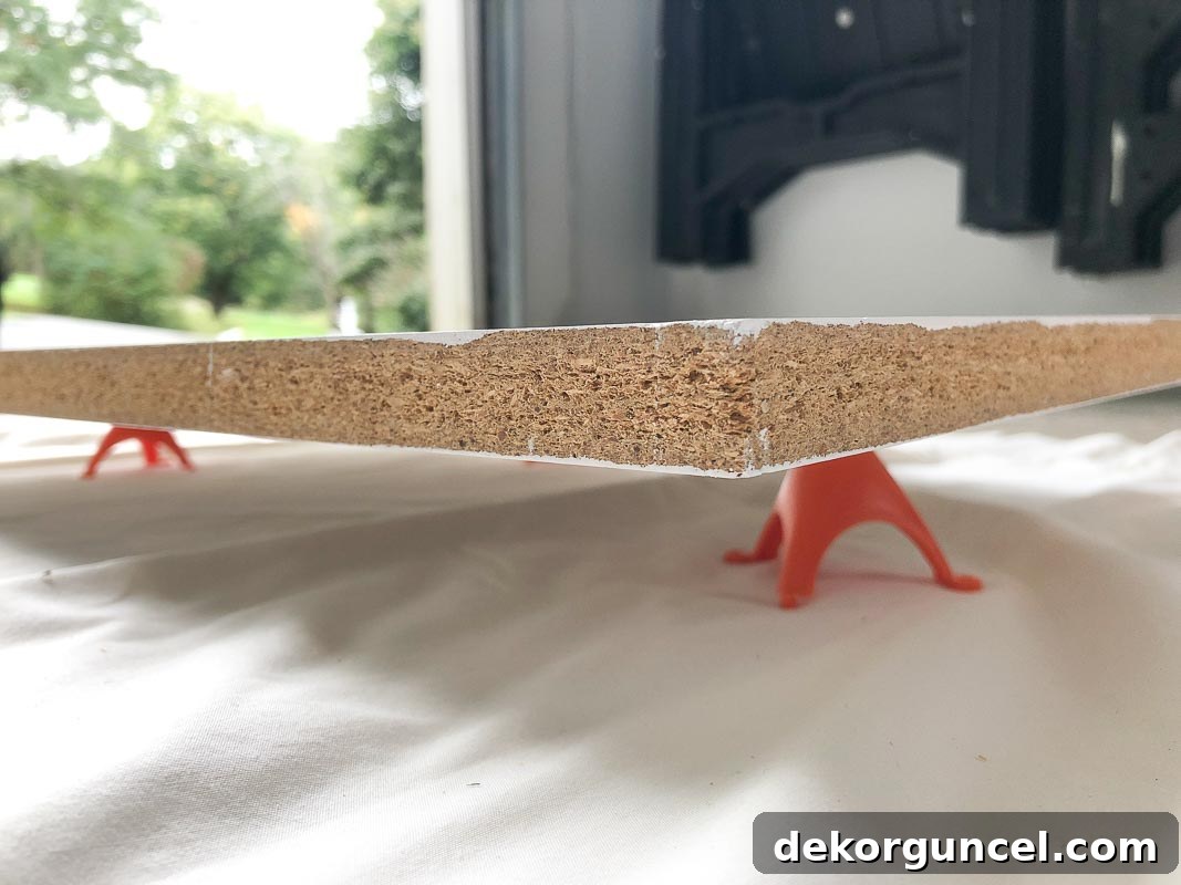 Painter's tripods supporting shelves during painting, illustrating an efficient technique for achieving a smooth, even finish on both sides of closet shelves.