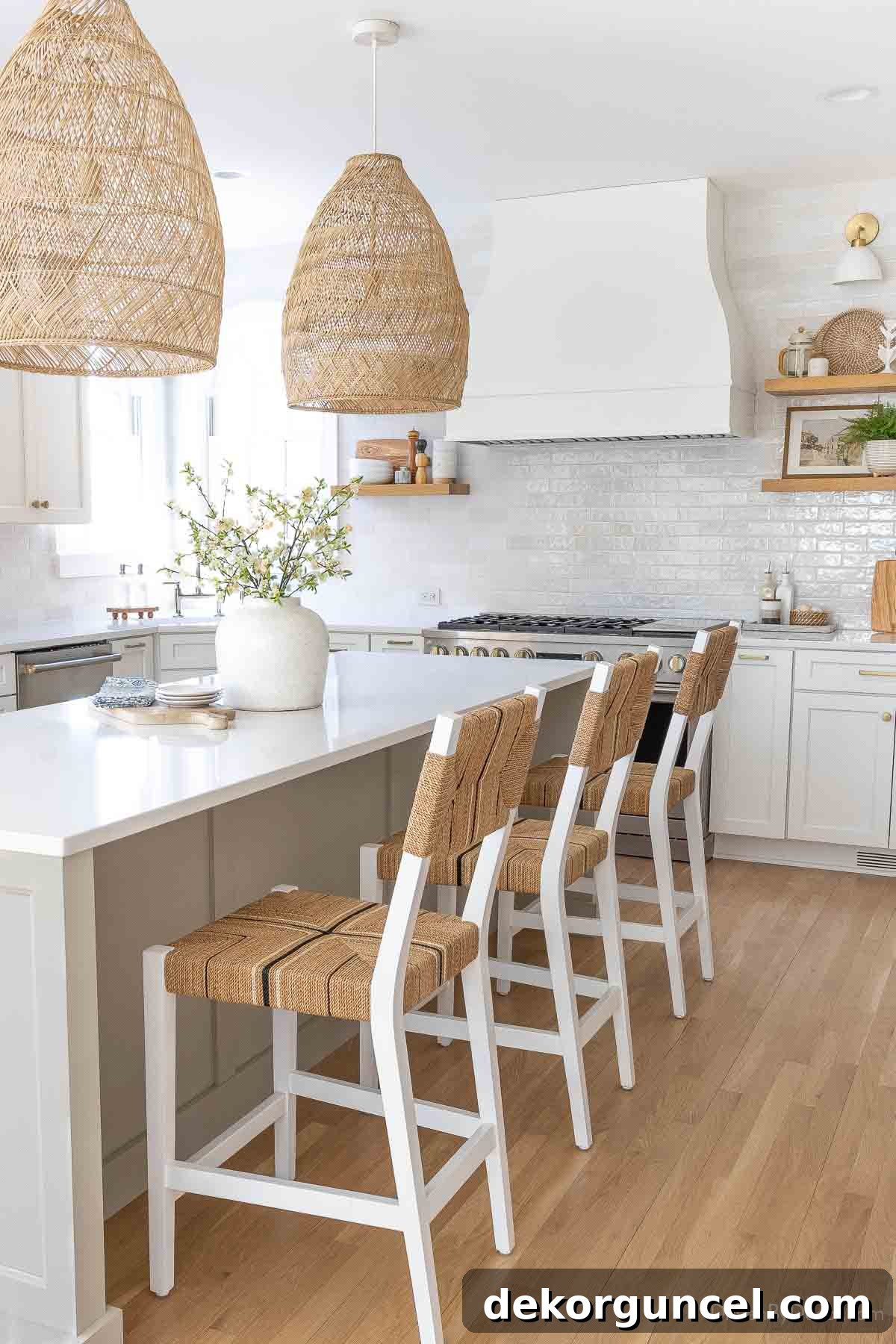 Behind the Illumination: My Home's Fixture Selections 6 A pair of rattan bell pendants gracefully hanging over a kitchen island, enhancing the space with natural texture and warm lighting.
