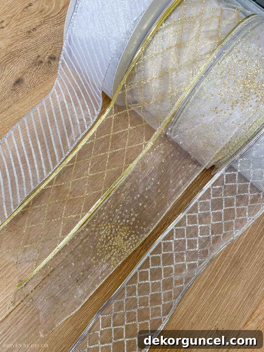 Gorgeous sheer wired ribbon options for decorating your Christmas tree or packages! A collection of elegant and versatile ribbons, perfect for adding texture and shimmer to holiday decor.