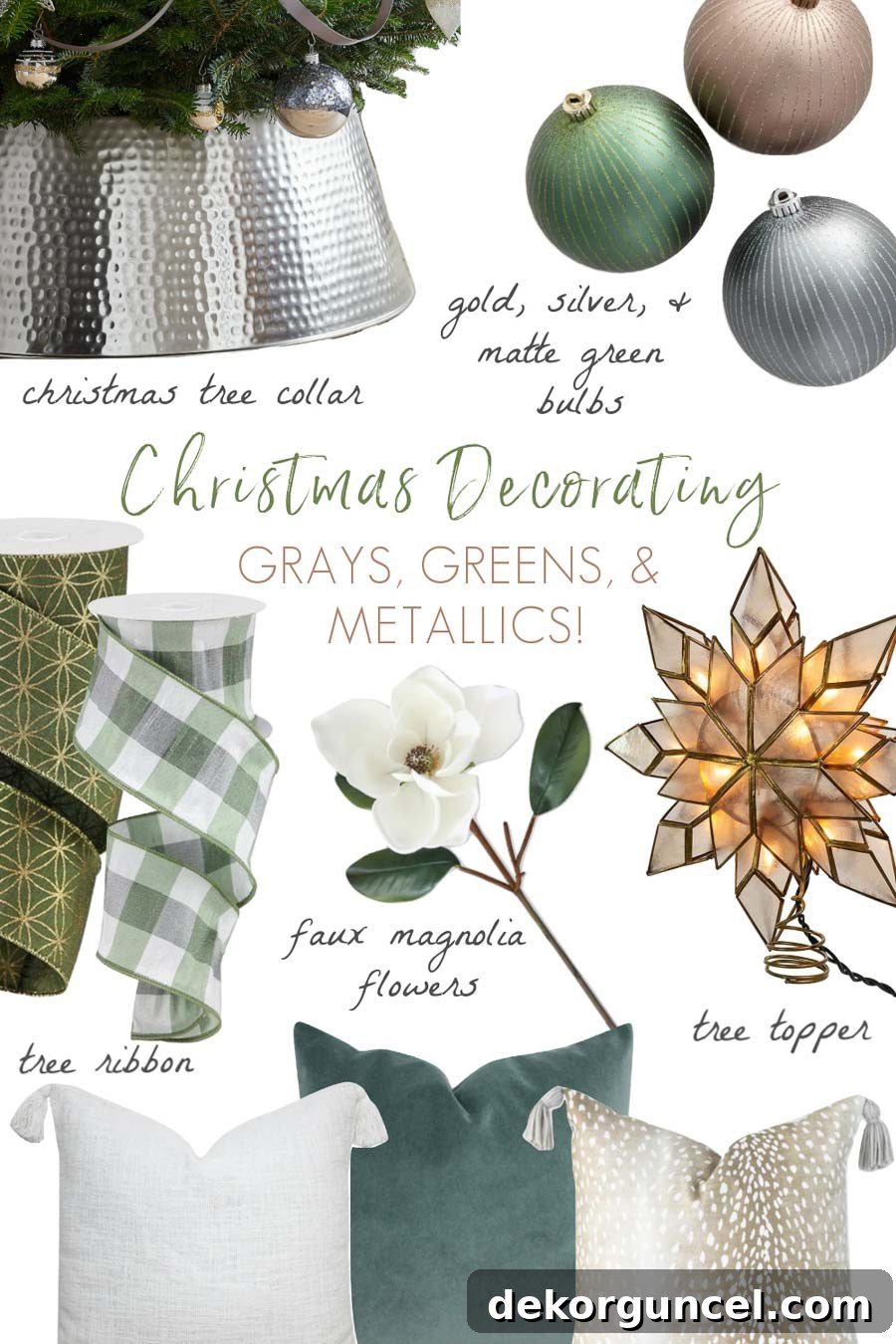 My Christmas decorating plans with grays, greens, & metallics! A curated selection of ornaments and ribbons showcasing a sophisticated palette.