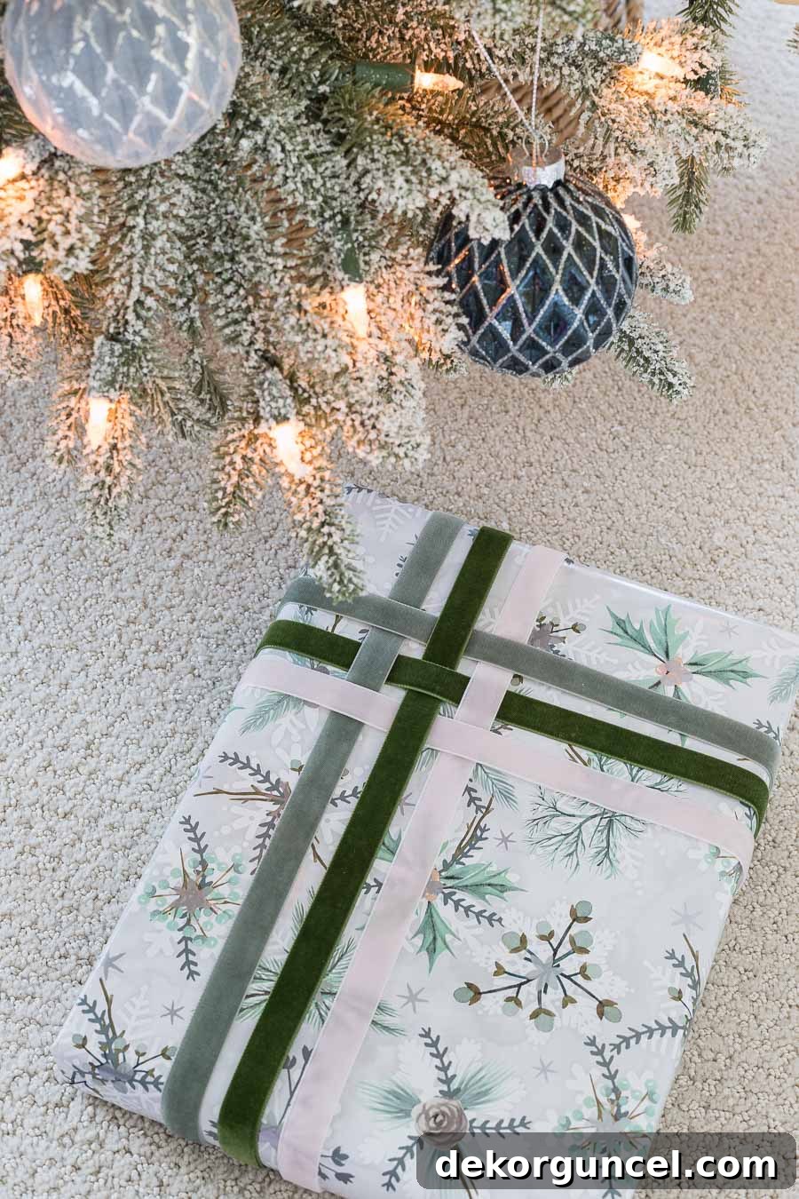 Exquisite velvet ribbons intricately woven together, creating a stunning and elegant wrapped package for Christmas.