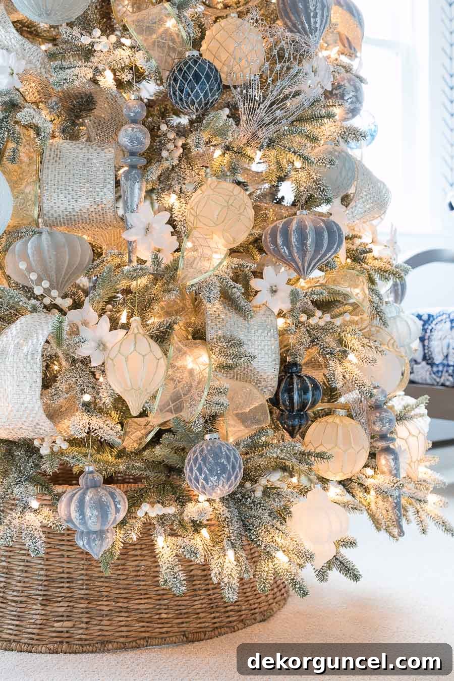 Stylish woven tree collar used as an elegant alternative to a traditional Christmas tree skirt, adding texture and sophistication