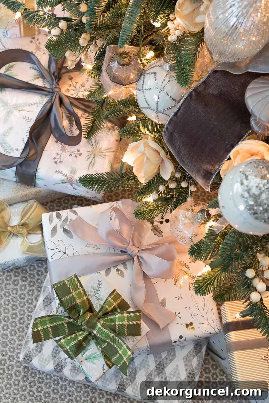 Elegantly wrapped Christmas gifts beneath a festive Christmas tree, adding to the holiday cheer