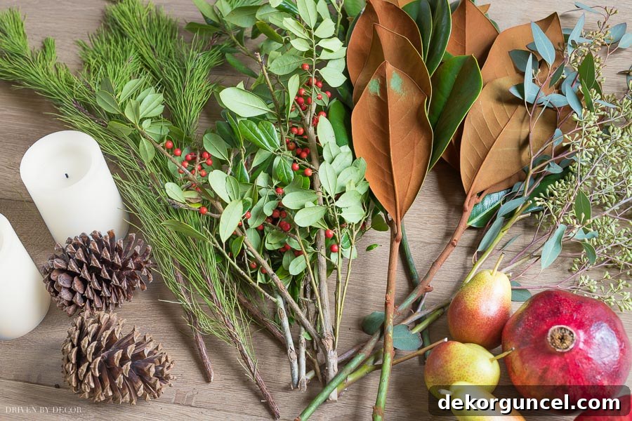 Essential Materials for a DIY Fresh Greenery Table Runner: Magnolia Leaves, Eucalyptus, Berries, Fruit, Pinecones, and Flameless Candles - Full Tutorial Included.