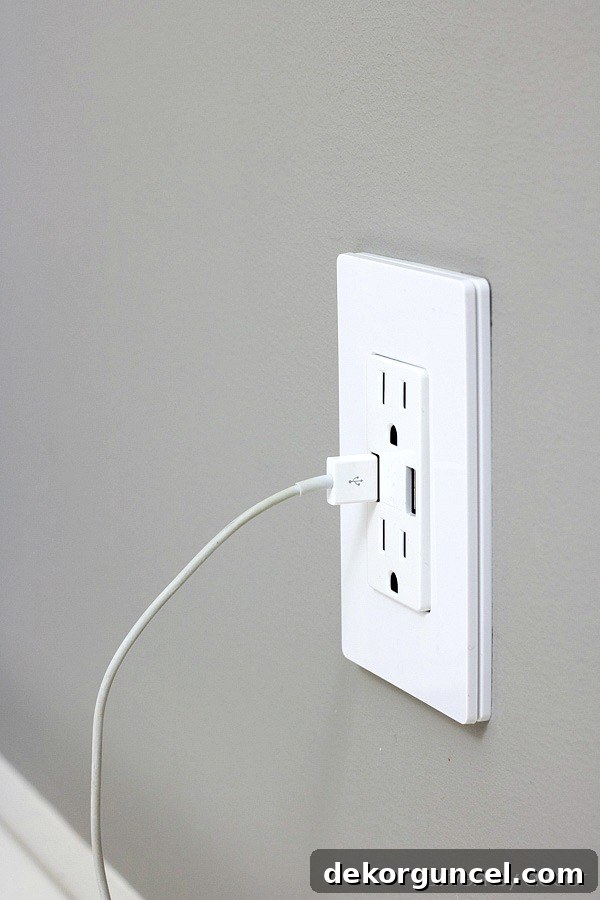Effortless Homemade Charging Center 11 Combined USB port and regular outlet - genius! Post includes link to buy!