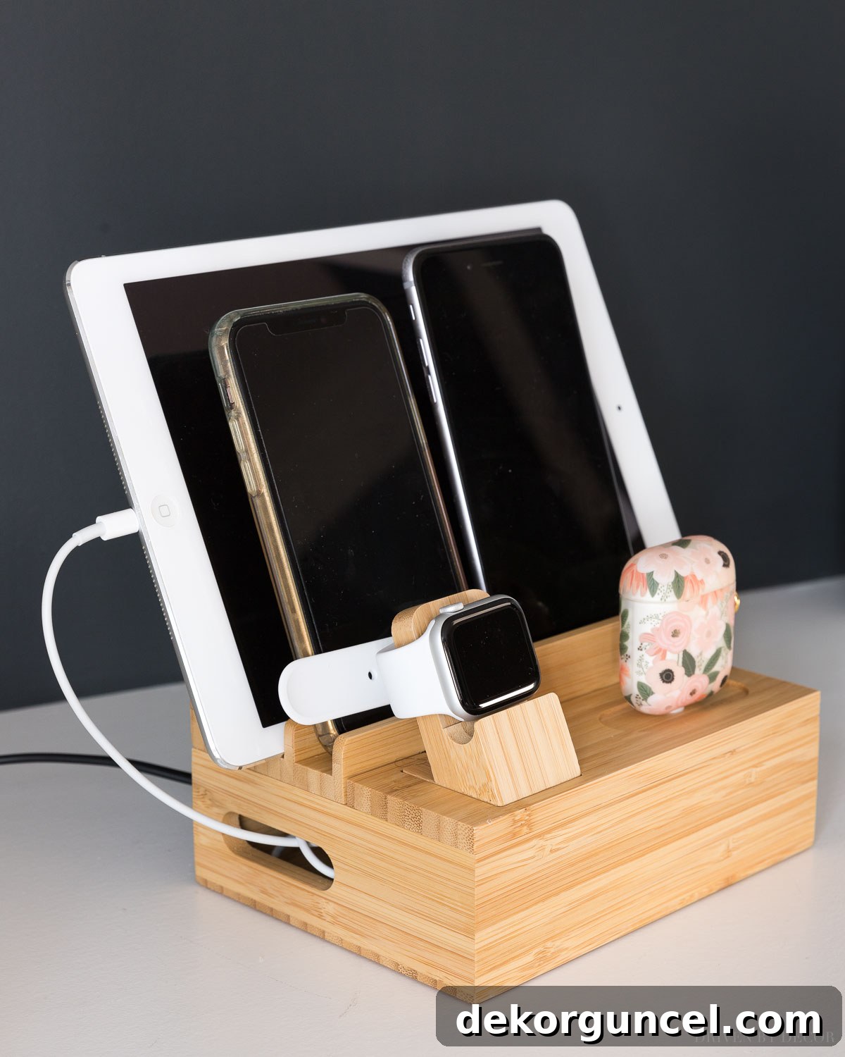 Effortless Homemade Charging Center 12 Bamboo charging station for our iPad, iPhones, Apple watch, and iPods
