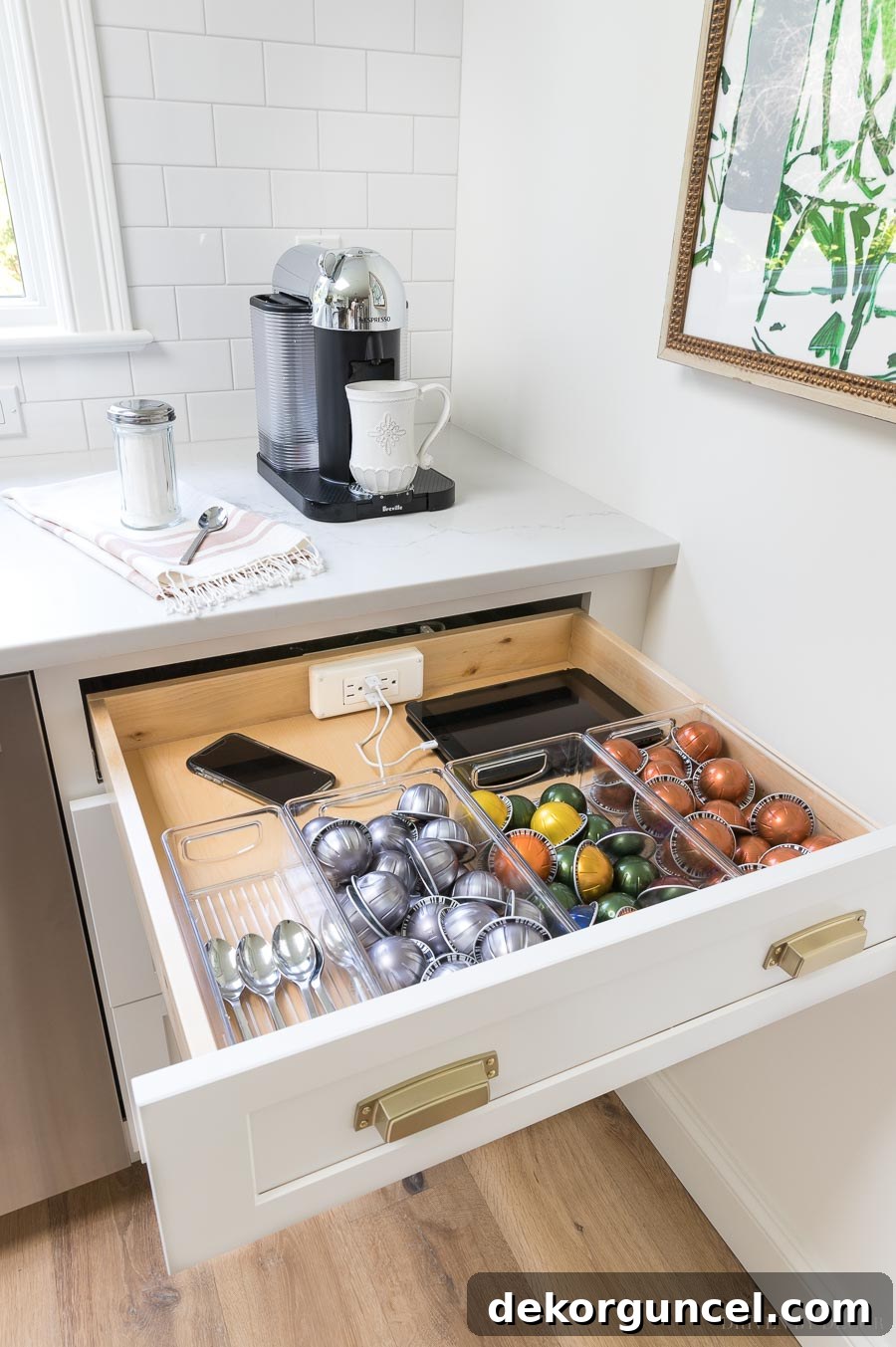 Effortless Homemade Charging Center 13 An outlet with USB ports is built into this kitchen drawer! Love having a hidden place to store electronics and plug in small kitchen appliances!
