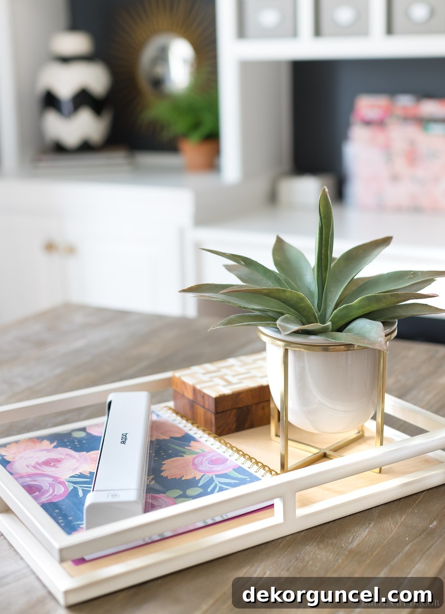 Mail Management Made Simple 11 Love this tray to corral office accessories (and the planter is super cute too!) – perfect for a tidy mail organization station.