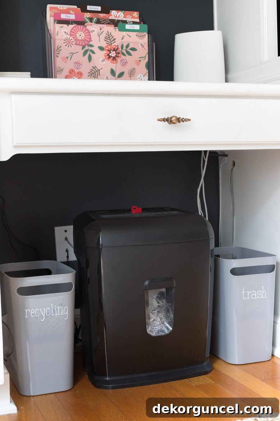 Mail Management Made Simple 9 Our home mail organizer station! A desktop mail organizer with trash and recycling bins and paper shredder, making mail management effortless!