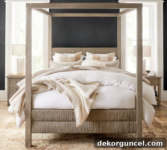 Gorgeous woven wood canopy bed, a highlight of warm modernism design trends.