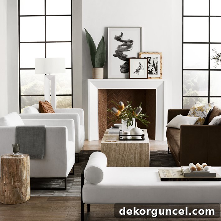 Simple, contemporary fireplace, embodying a favorite 2019 design trend: warm modernism.