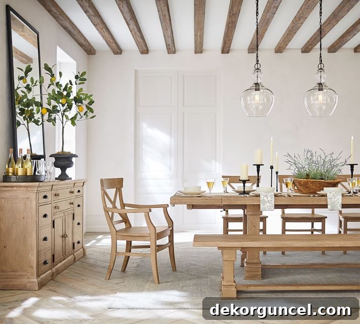 Dining room featuring stylish slim wood beams on the ceiling, a trending home decor element.
