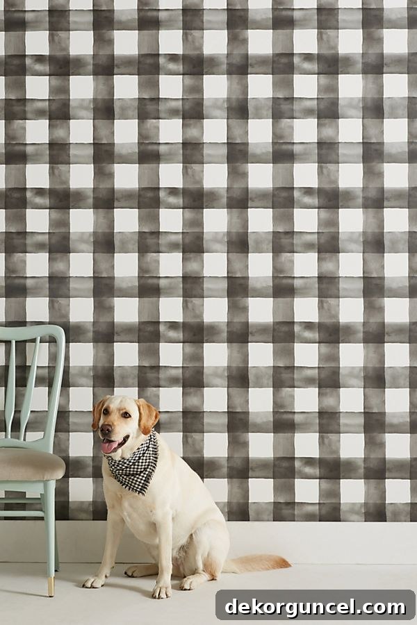 Stylish black and white buffalo check wallpaper, a bold design trend for modern interiors.