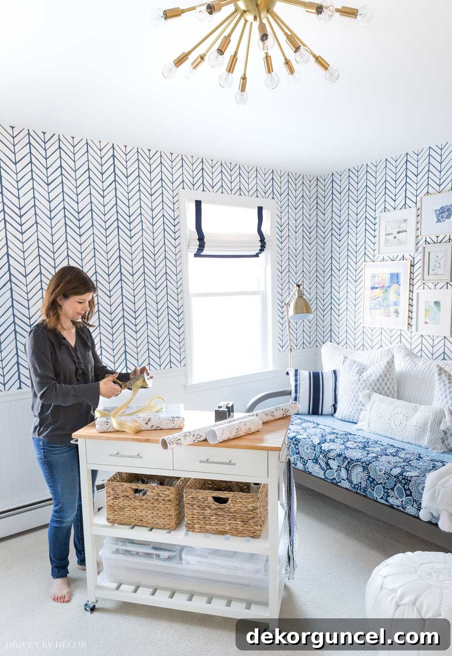The gift wrapping station is strategically positioned outside a closet, providing ample space for wrapping multiple presents efficiently.