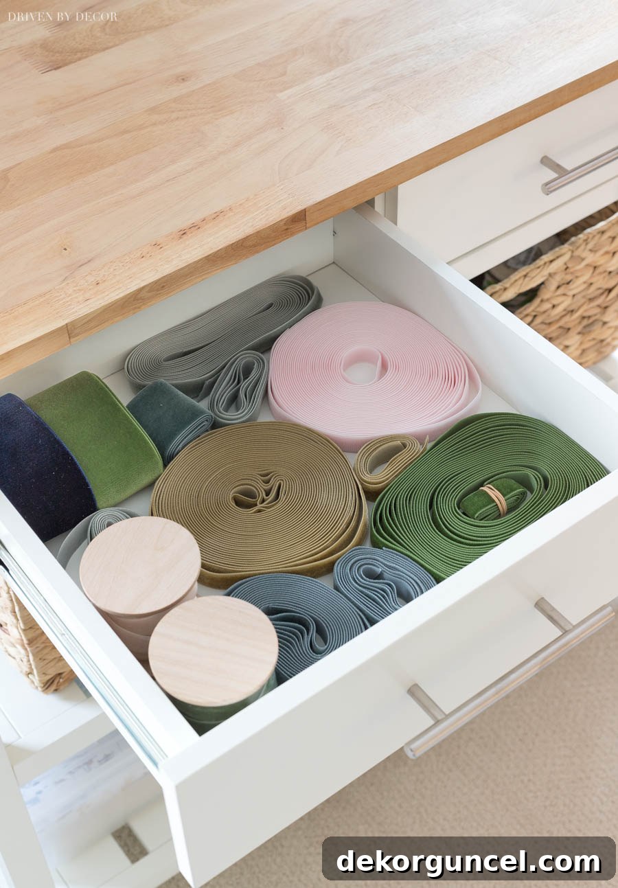 The second drawer of the gift wrapping station, showcasing a perfectly organized collection of velvet ribbons.