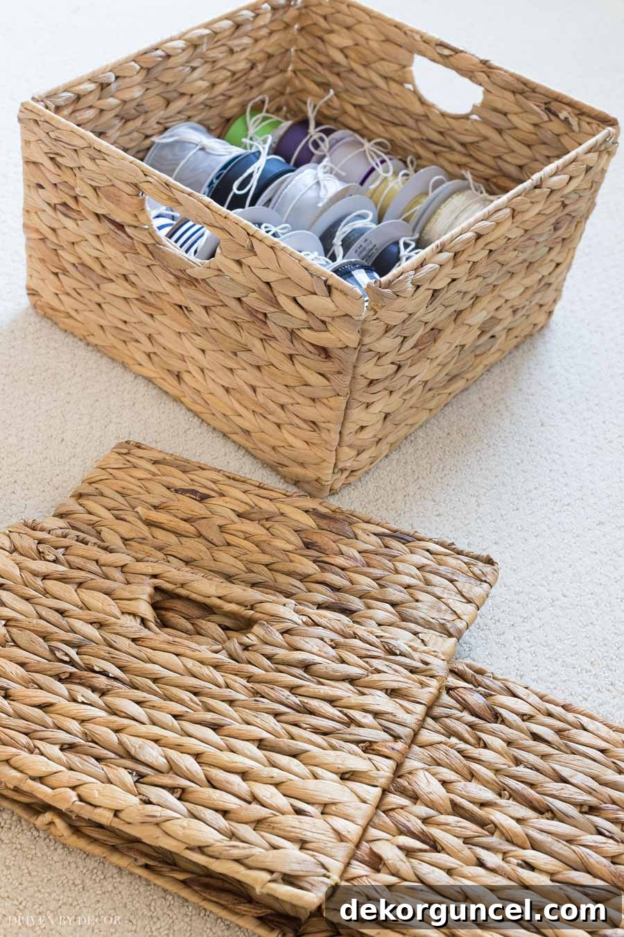 Foldable woven baskets on the gift wrapping station, showcasing their smart design for easy storage and versatility.